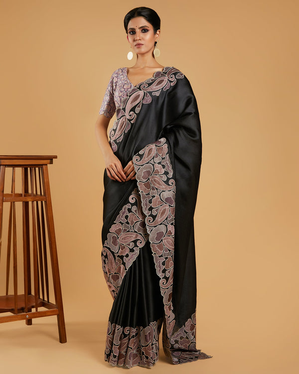 Black  Woven Embroidered Fancy Blended Tussar Silk  Saree