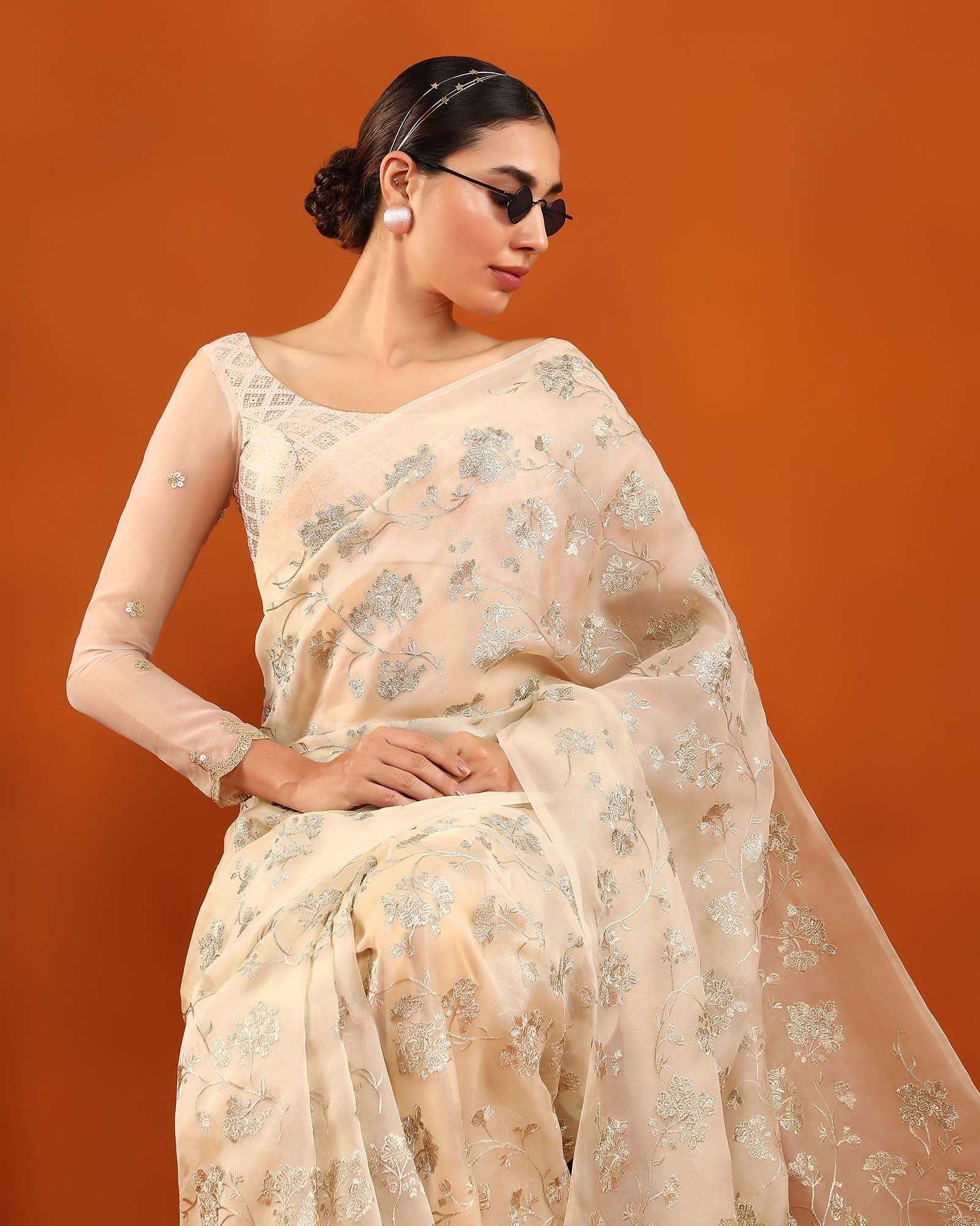 Beige Organza Silk Saree