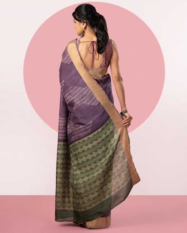 Purple Abstract Printed Blended Tussar Silk Saree