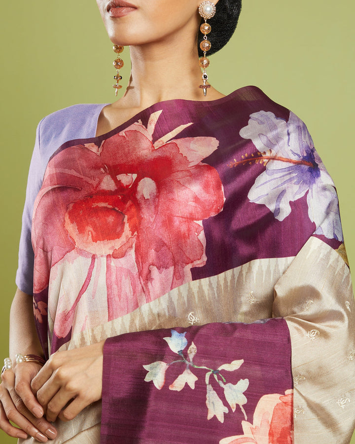 saree near me Blended Tussar Saree, Floral embroidered Saree


