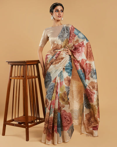 Beige Floral Printed Blended Tussar Silk Saree