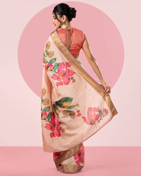 Peach Digital Printed  Blended Tussar Silk Saree