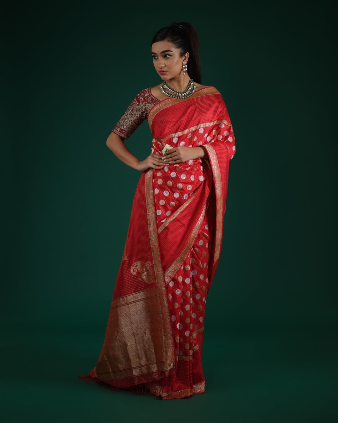 Bright Red Banarasi Silk Saree