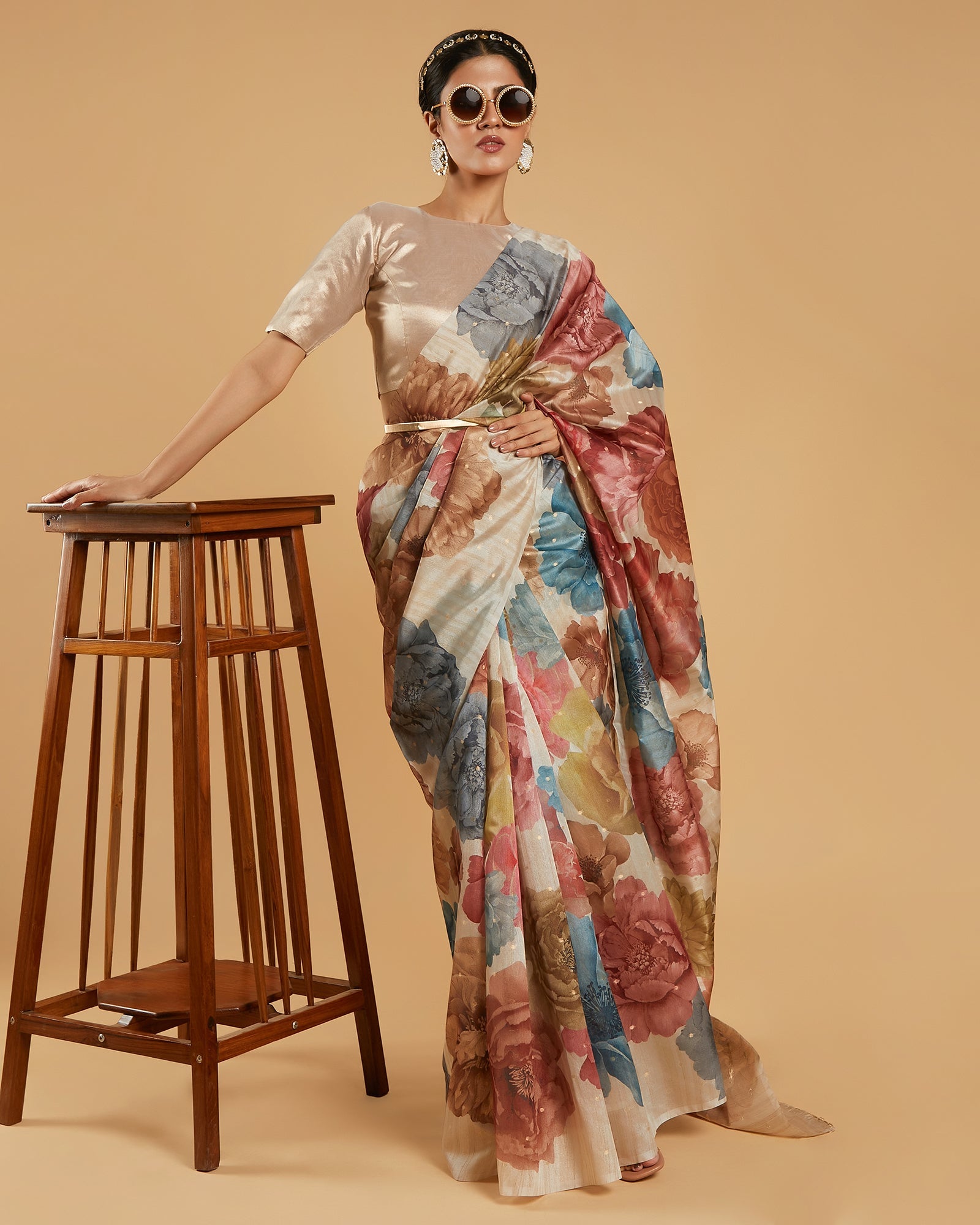 Beige Floral Printed Blended Tussar Silk Saree