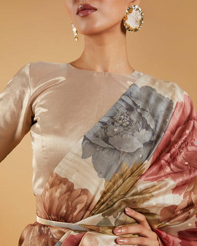 Beige Floral Printed Blended Tussar Silk Saree