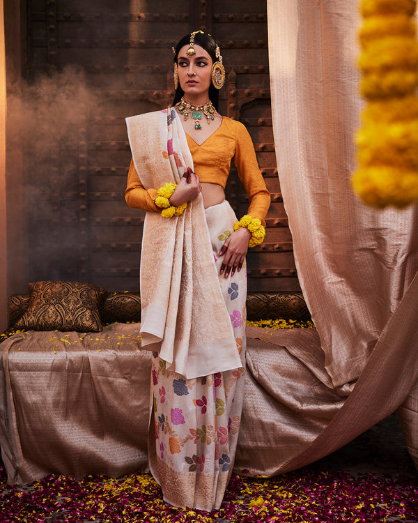 Beige Tussar Georgette Silk Saree