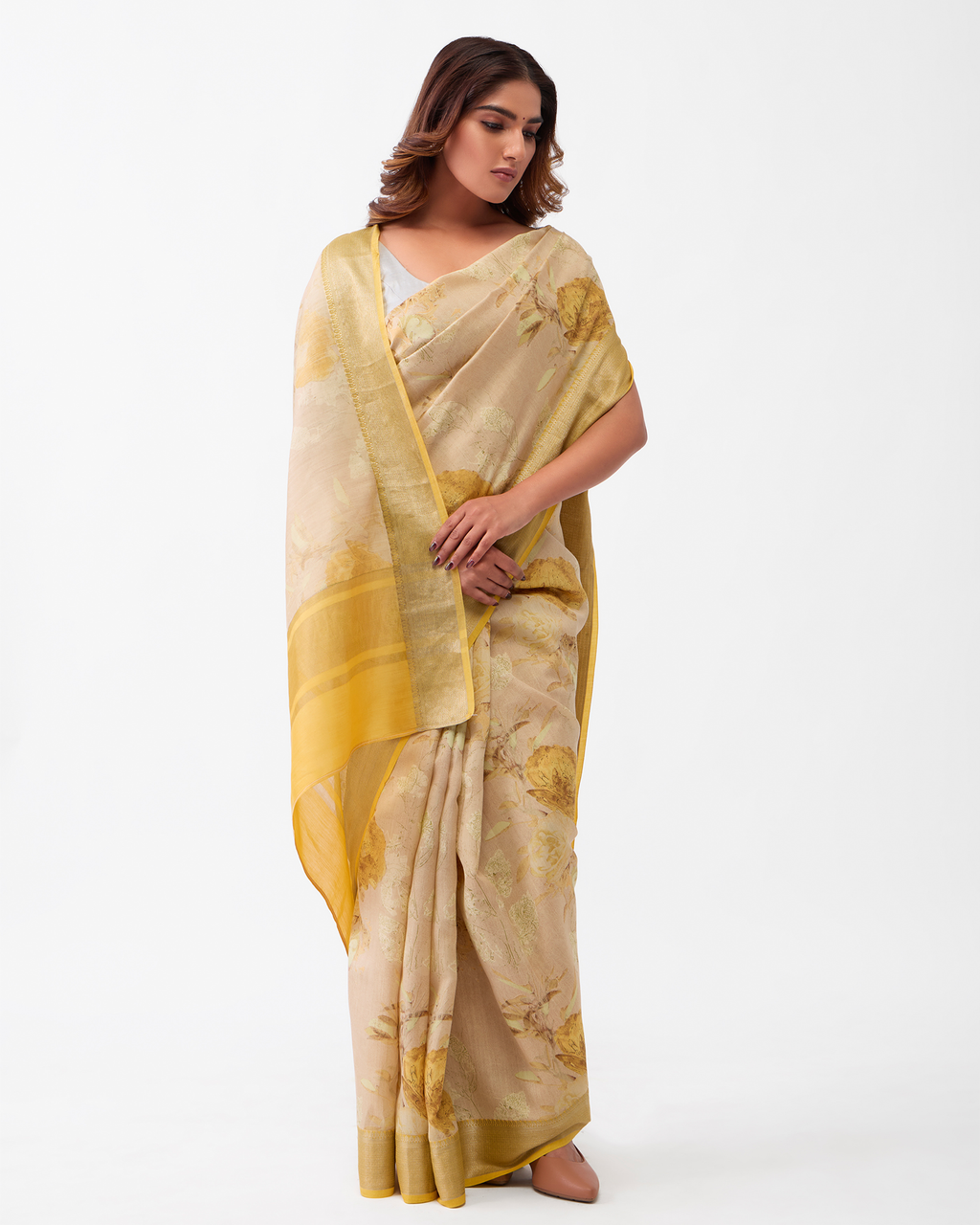 Beige Chiniya Silk Saree