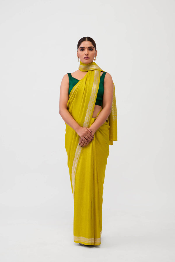 Neon Green Banarasi Satin Silk Saree