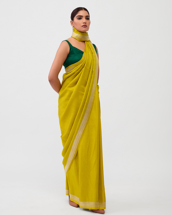 Neon Green Banarasi Satin Silk Saree