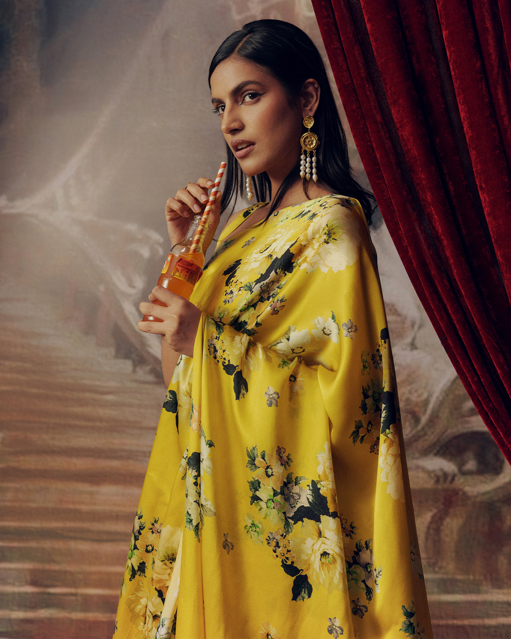 Yellow Satin Crepe Silk Saree