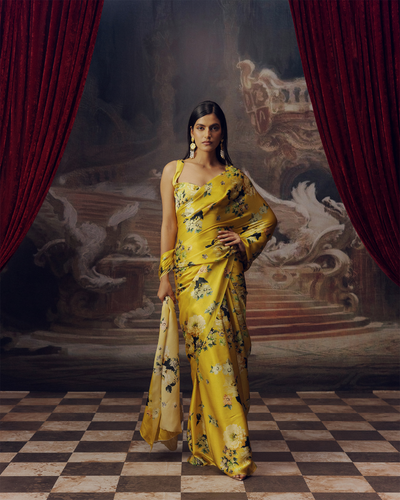 Yellow Satin Crepe Silk Saree