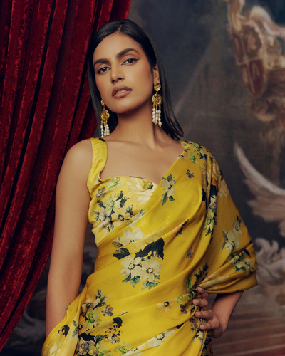 Yellow Satin Crepe Silk Saree