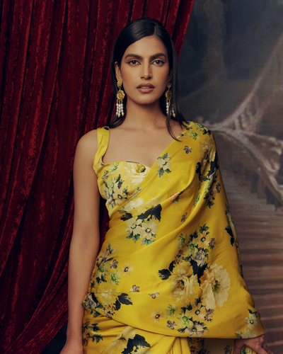 Yellow Satin Crepe Silk Saree