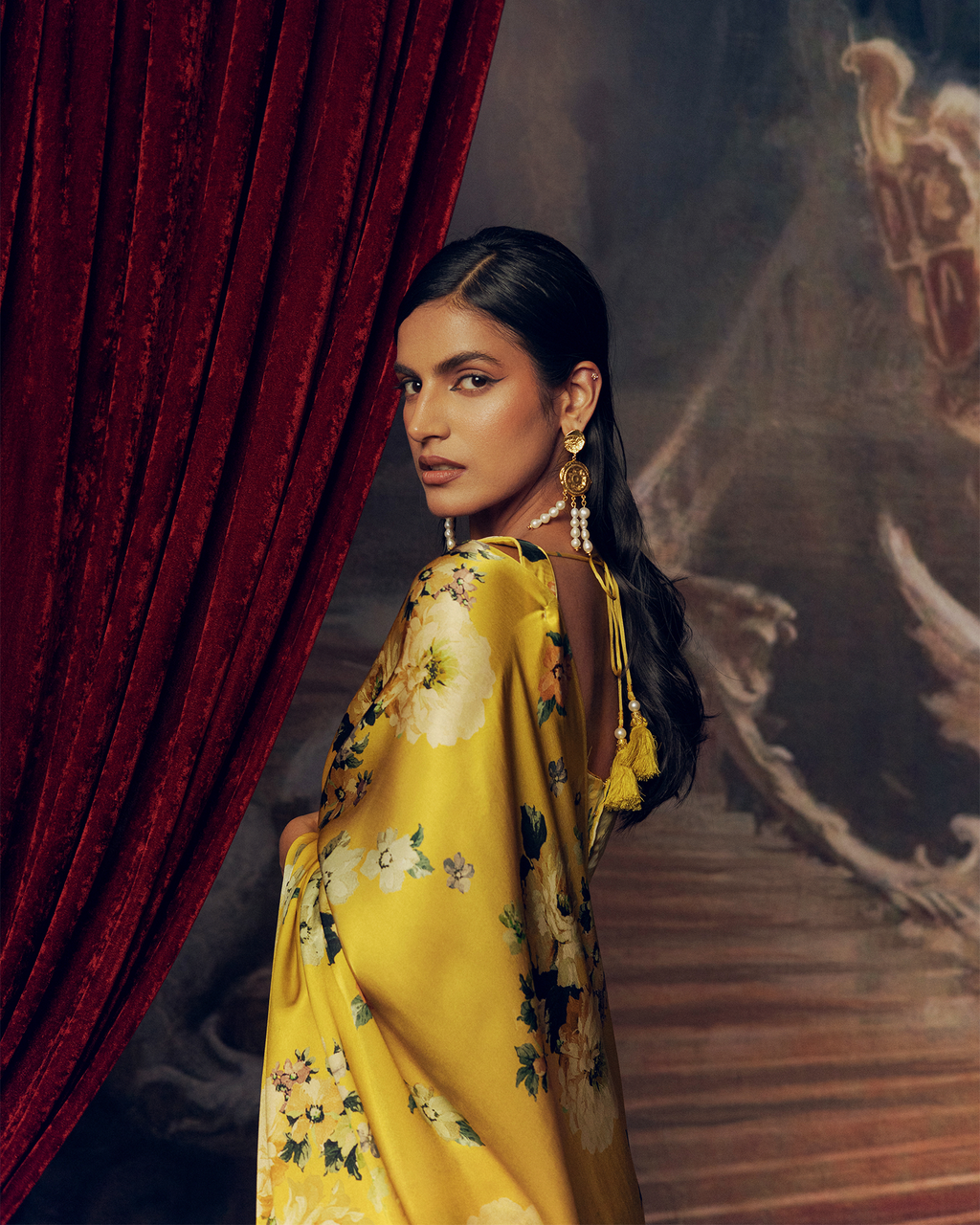 Yellow Satin Crepe Silk Saree