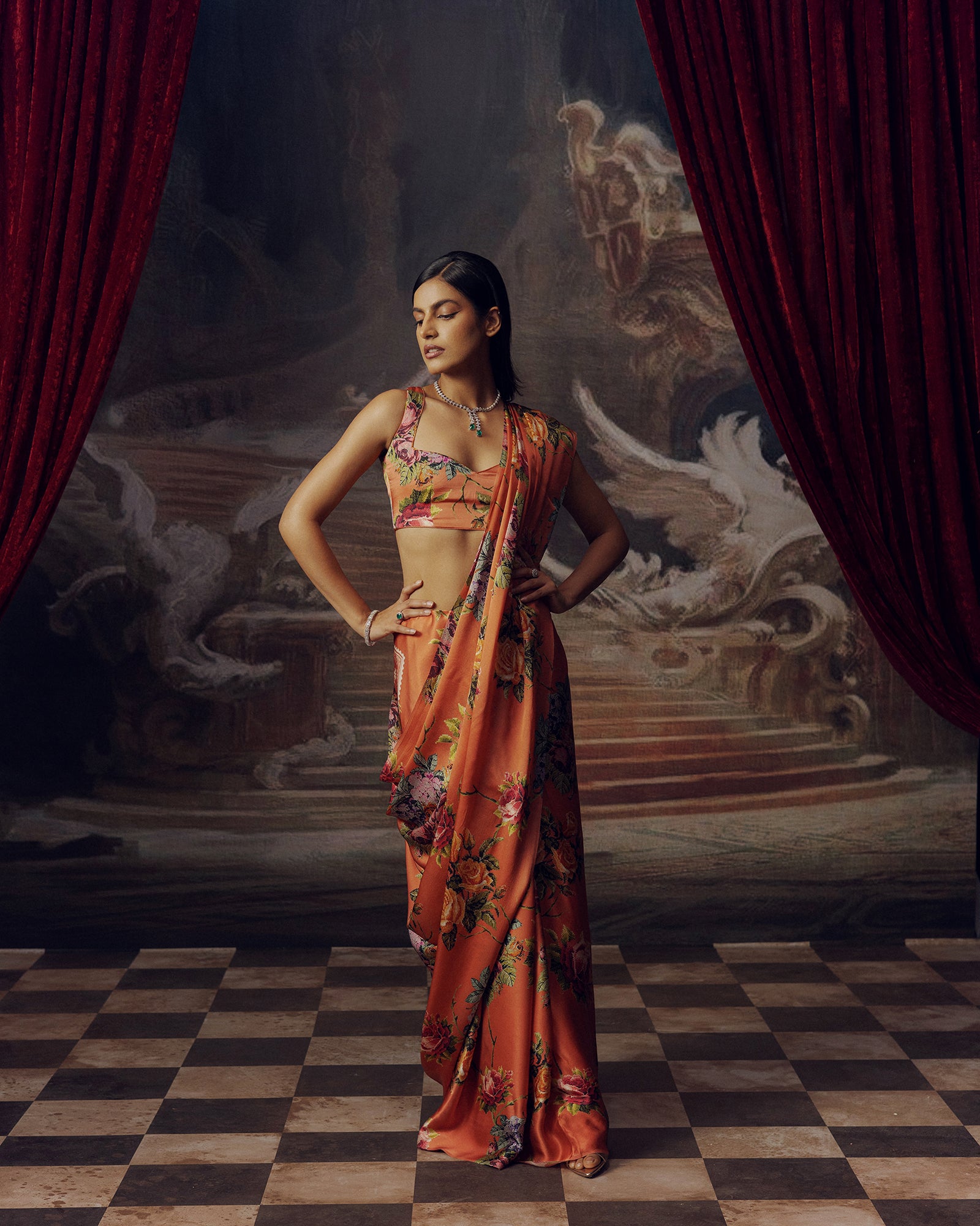Peach Satin Crepe Saree