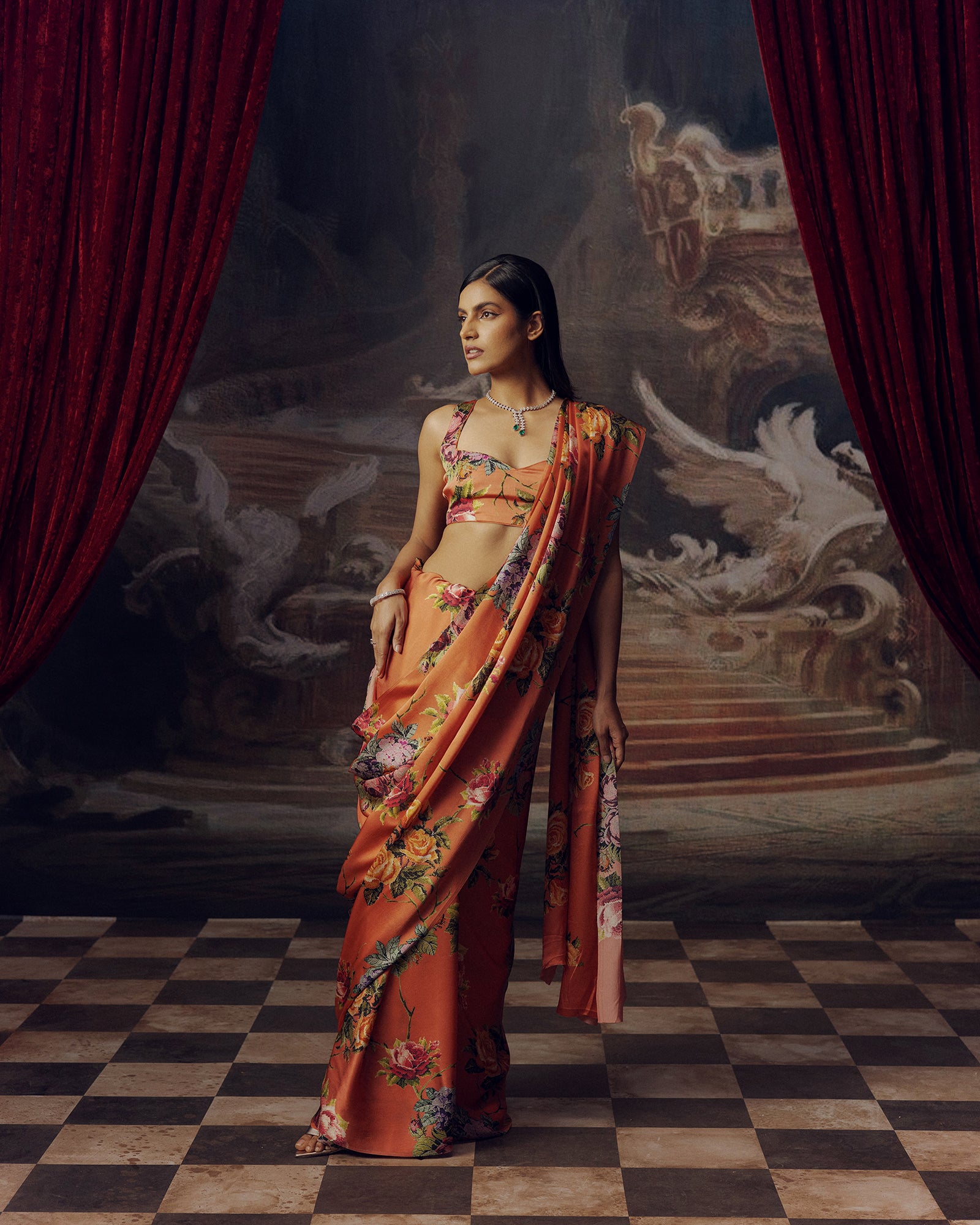 Peach Satin Crepe Saree