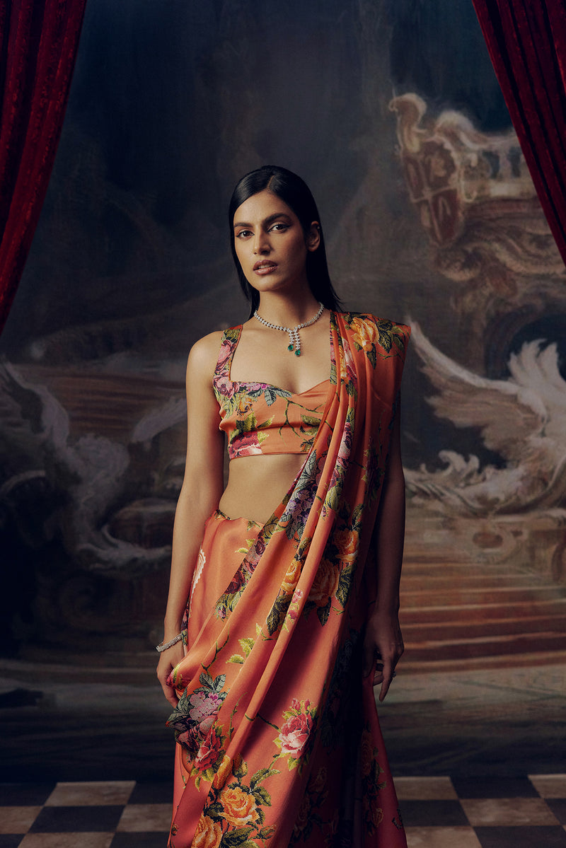 Peach Satin Crepe Silk Saree