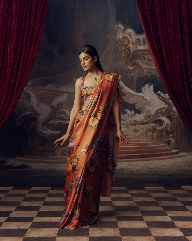 Peach Satin Crepe Silk Saree