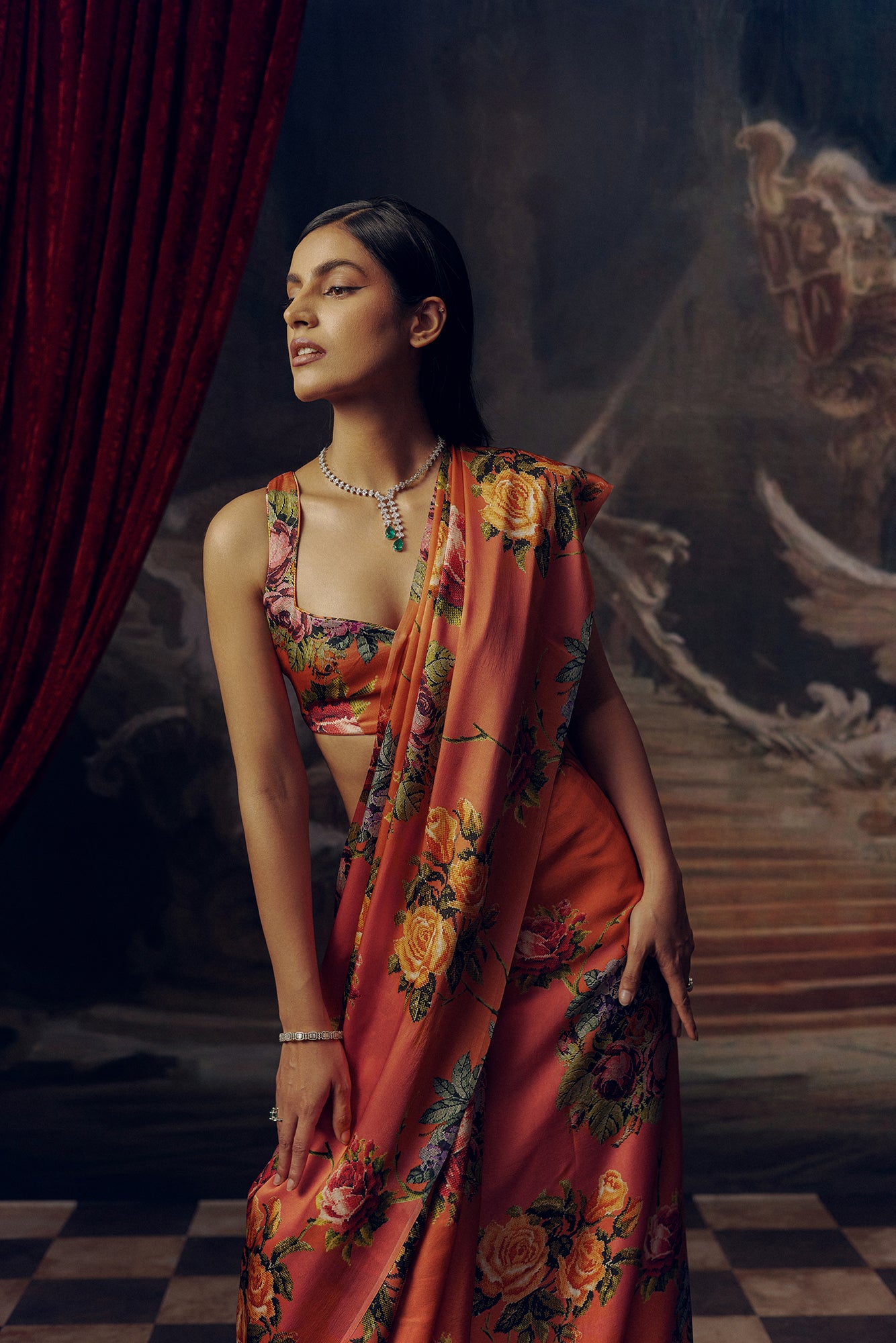 Peach Satin Crepe Saree