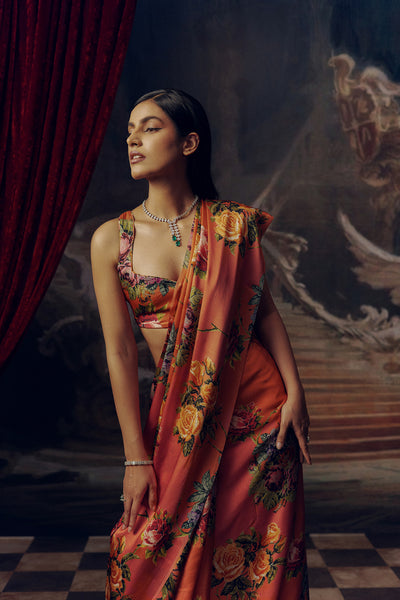 Peach Satin Crepe Silk Saree