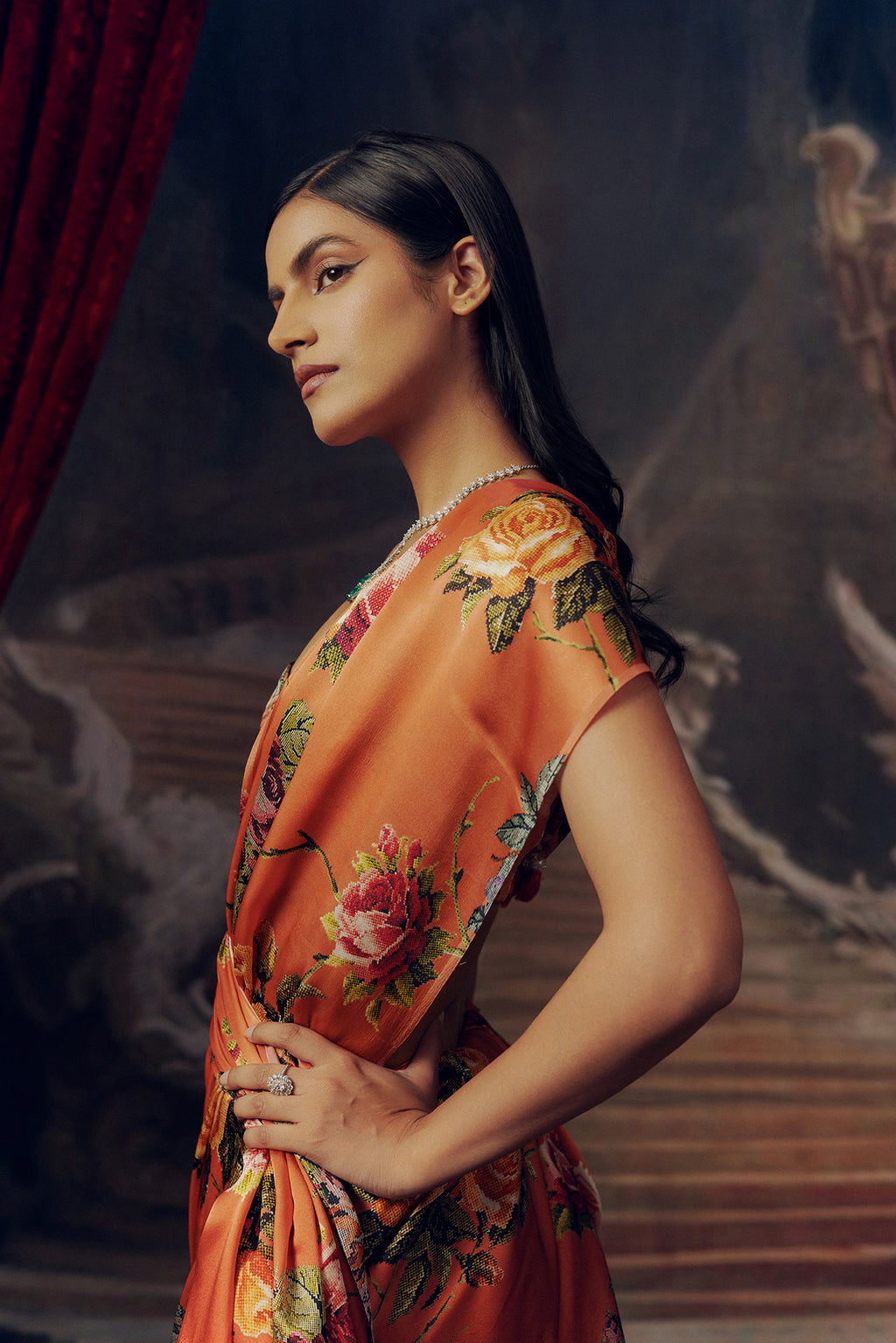 Peach Satin Crepe Silk Saree