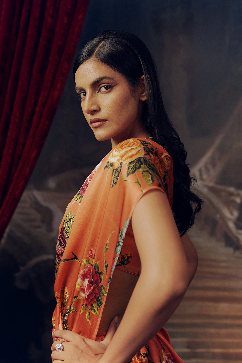 Peach Satin Crepe Silk Saree