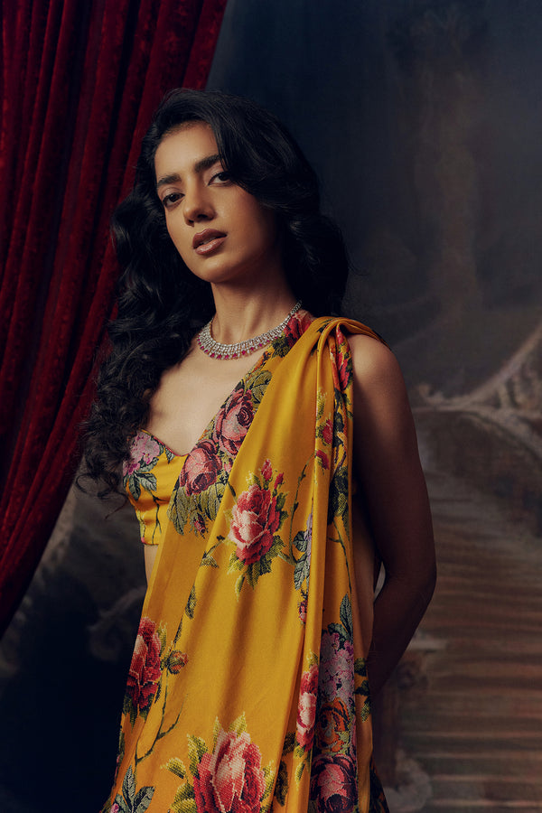Orange Satin Crepe Saree