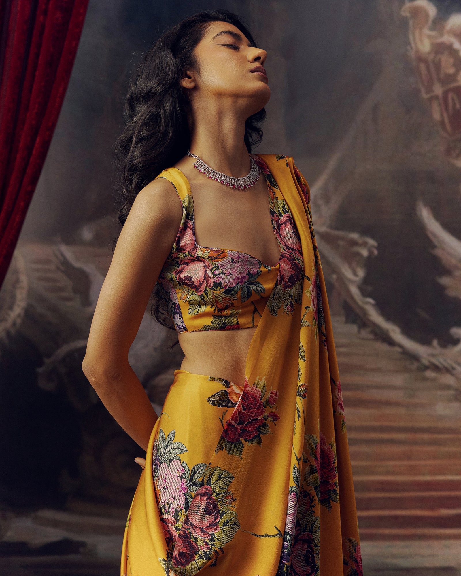 Orange Satin Crepe Saree