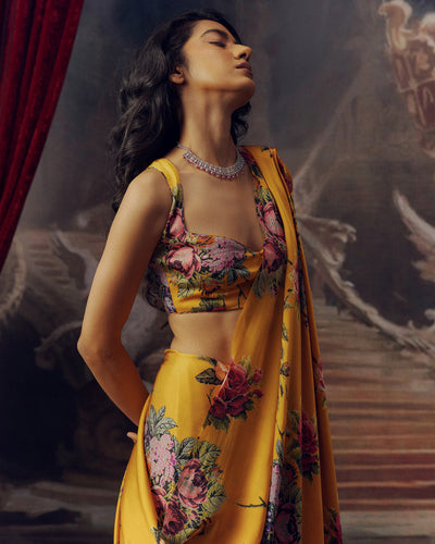 Orange Satin Crepe Silk Saree