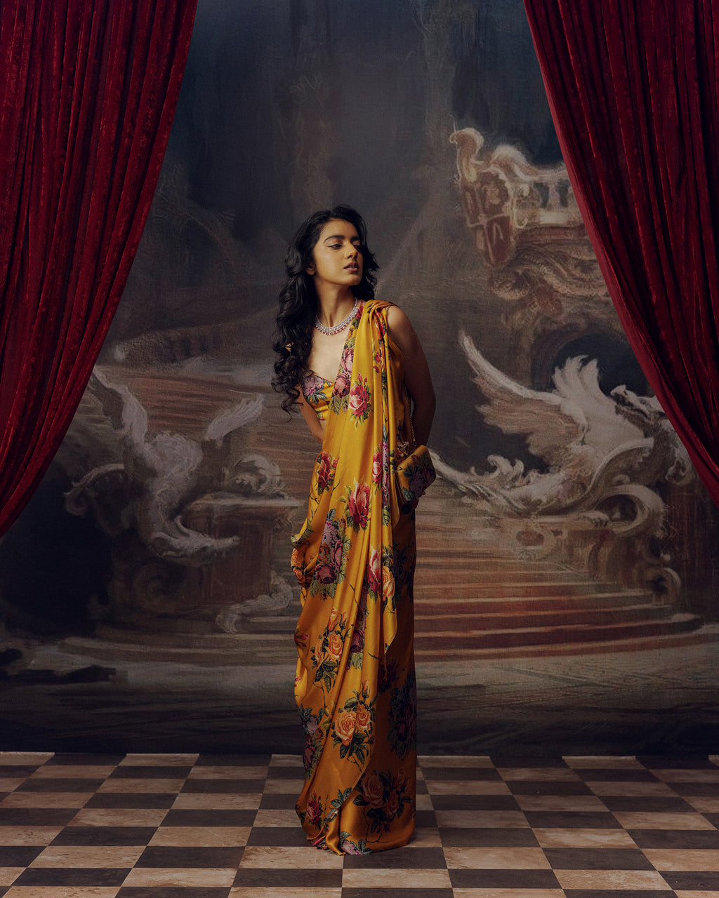 Orange Satin Crepe Silk Saree