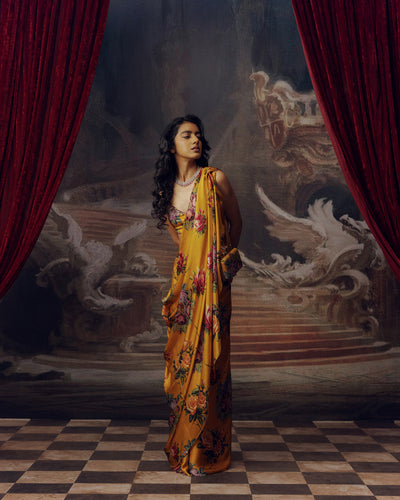 Orange Satin Crepe Silk Saree