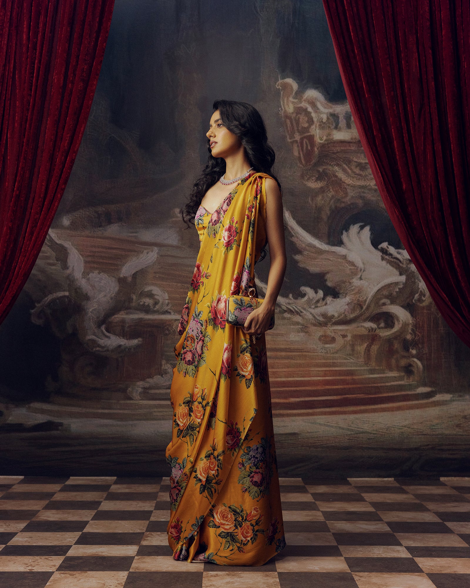 Orange Satin Crepe Saree