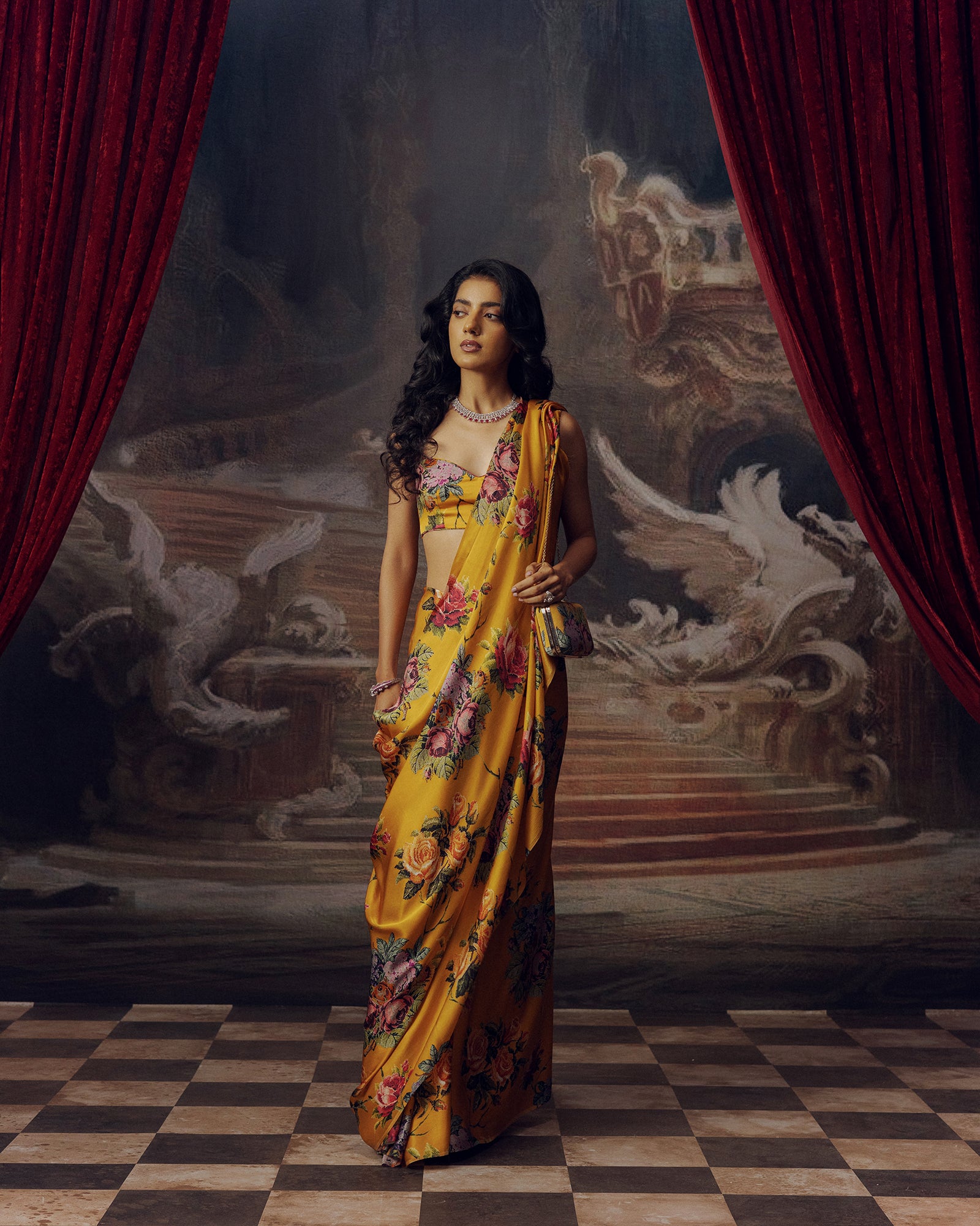 Orange Satin Crepe Saree