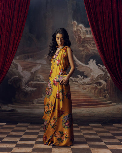 Orange Satin Crepe Silk Saree