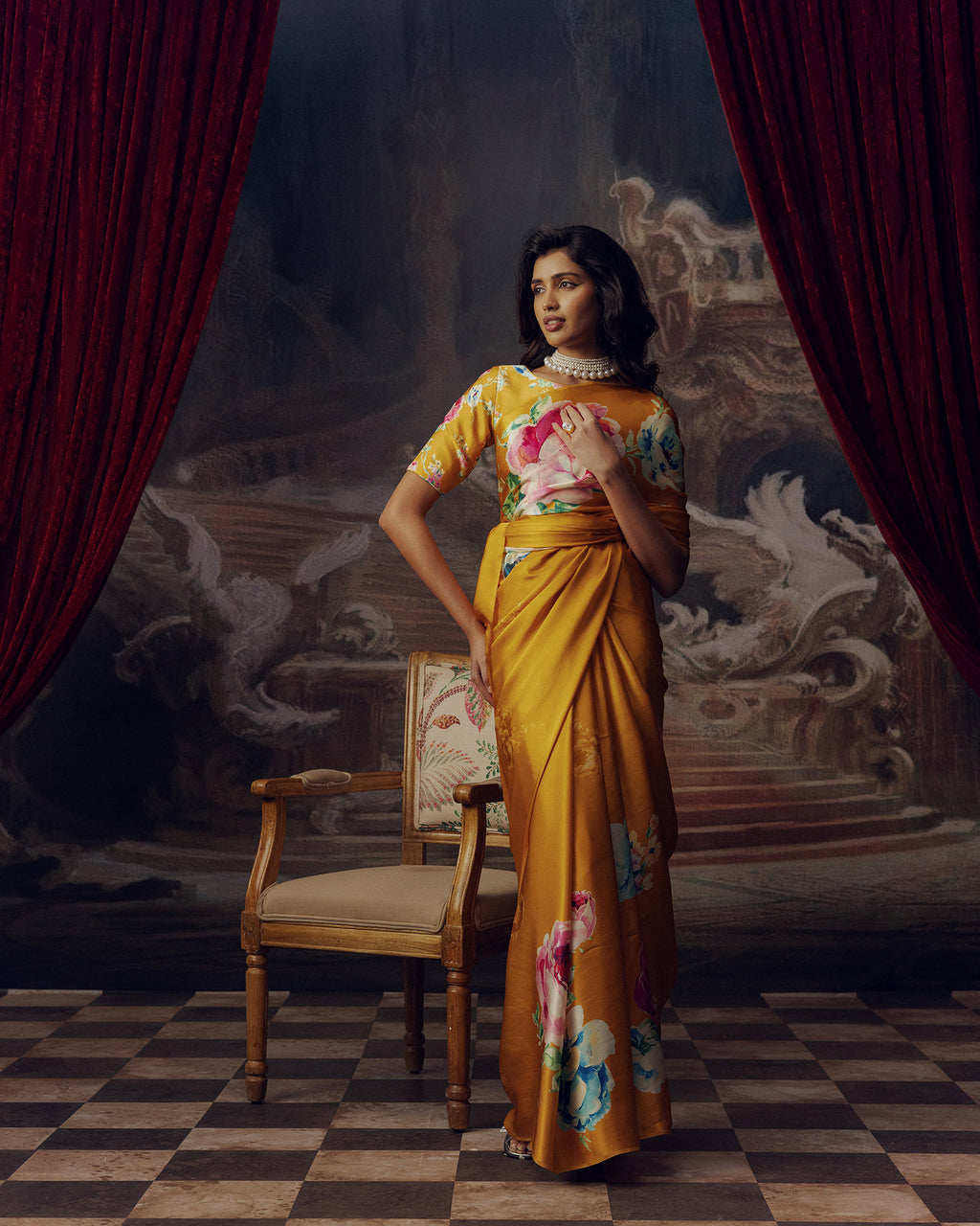 Orange Satin Crepe Silk Saree