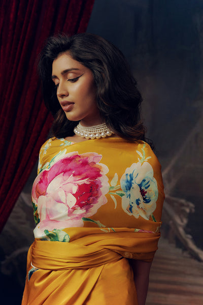 Orange Satin Crepe Silk Saree