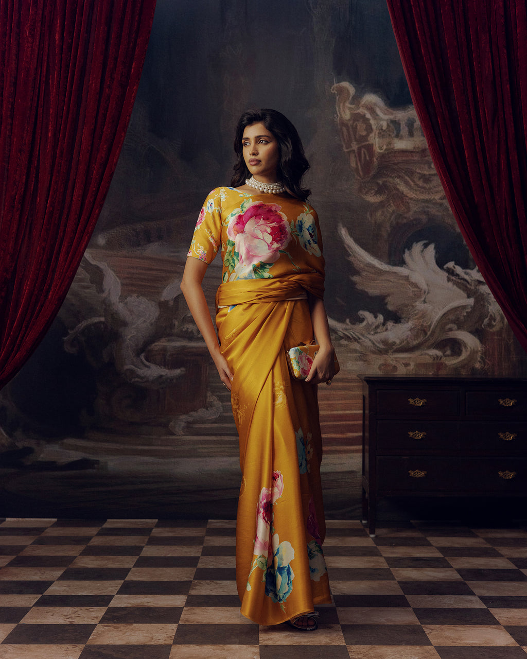 Orange Satin Crepe Silk Saree