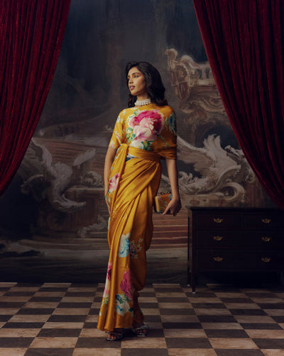 Orange Satin Crepe Silk Saree