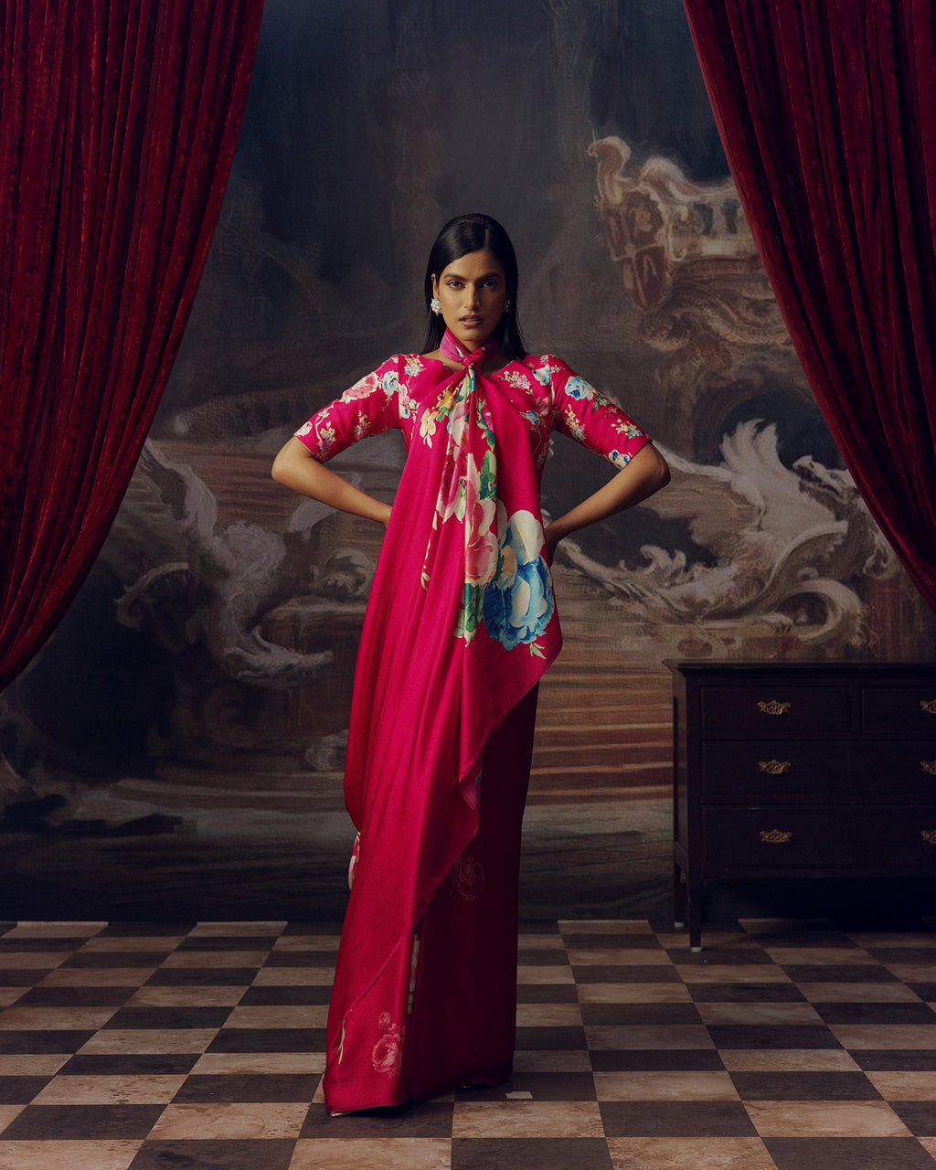 Pink Satin Crepe Silk Saree