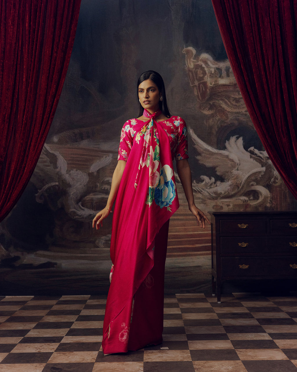Pink Satin Crepe Silk Saree