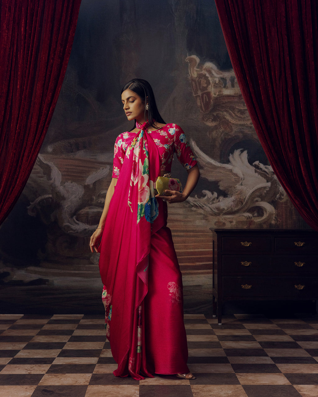 Pink Satin Crepe Silk Saree