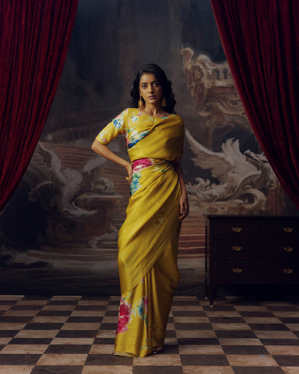 Yellow Satin Crepe Silk Saree
