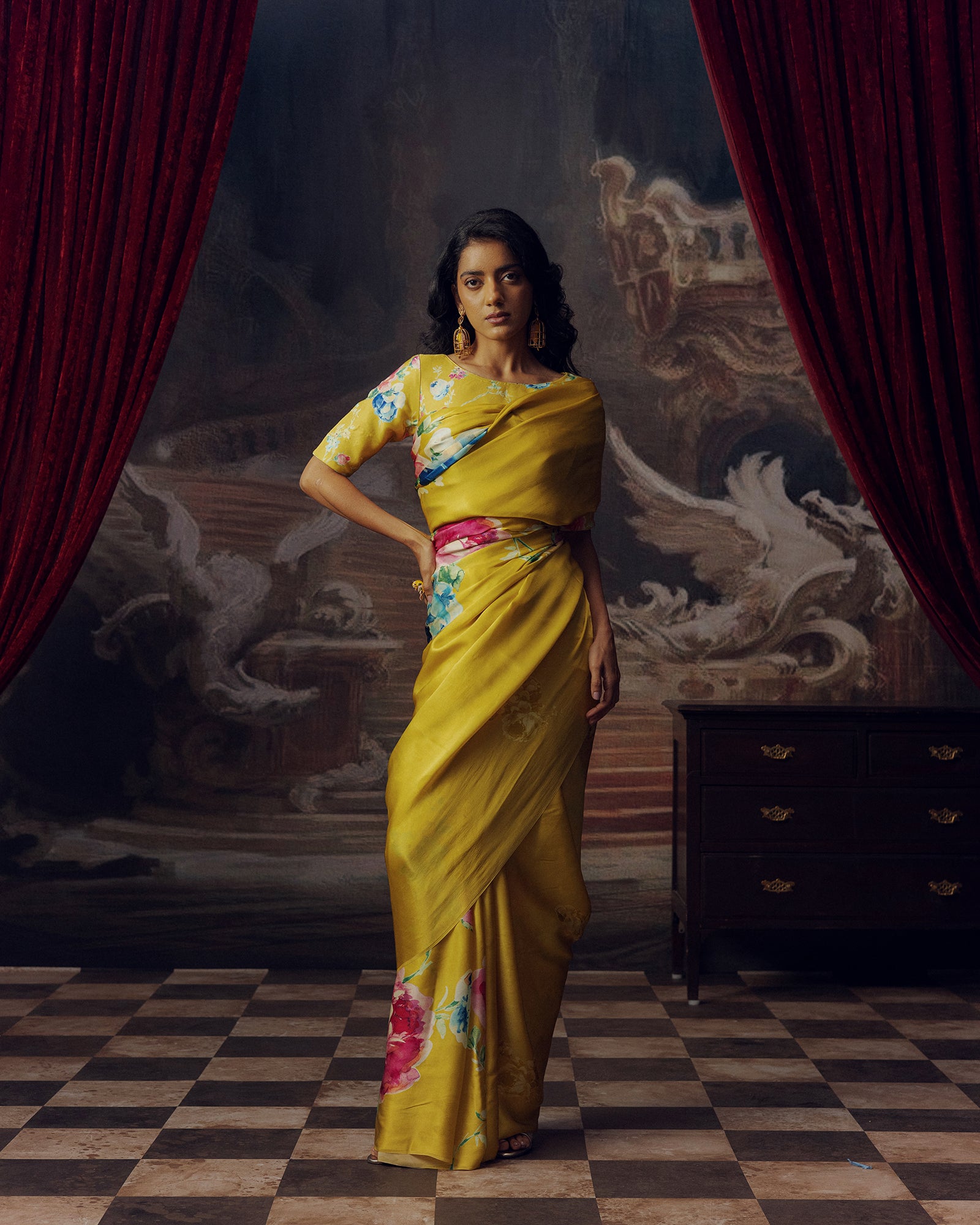 Yellow Satin Crepe Silk Saree
