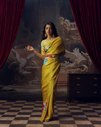 Yellow Satin Crepe Silk Saree