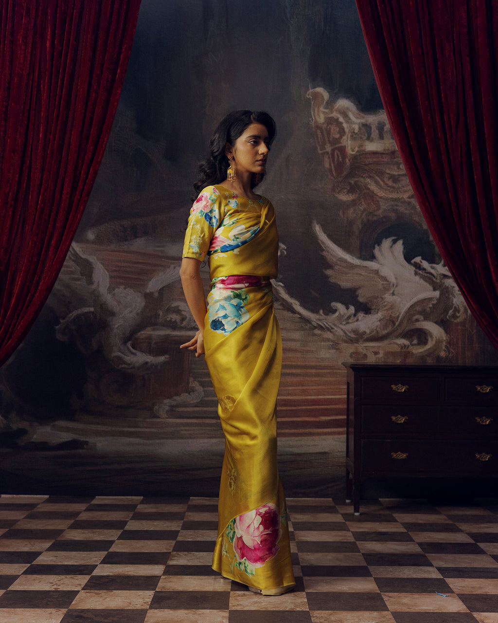 Yellow Satin Crepe Silk Saree