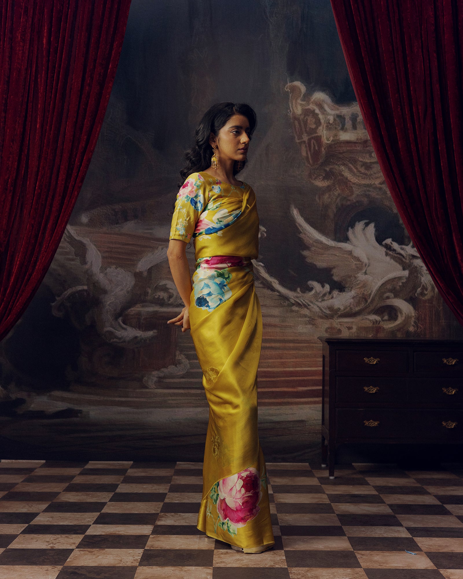 Yellow Satin Crepe Silk Saree