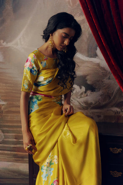 Yellow Satin Crepe Silk Saree
