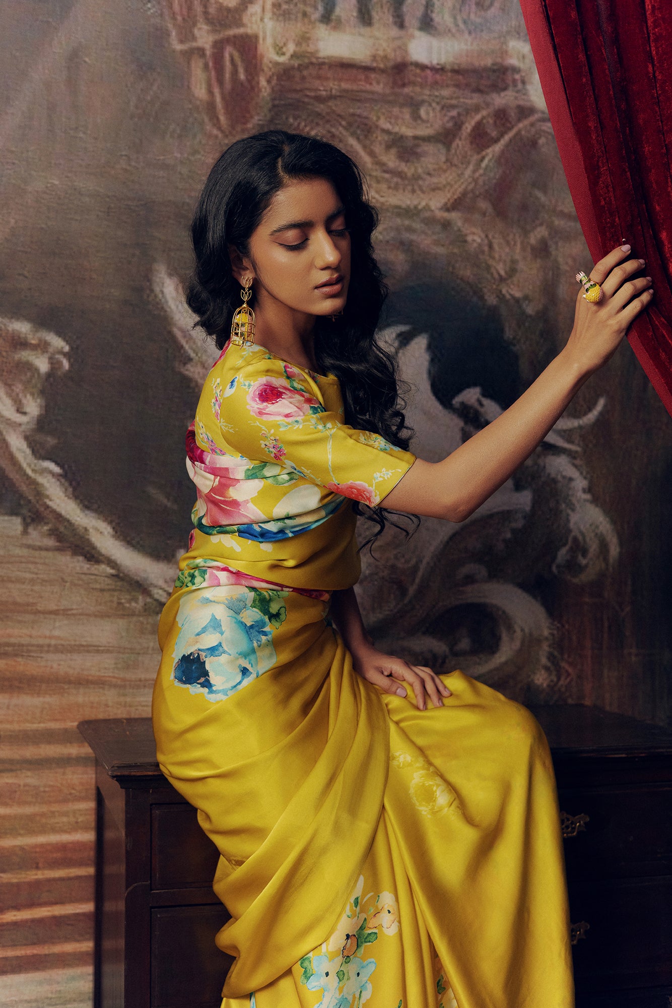 Yellow Satin Crepe Silk Saree