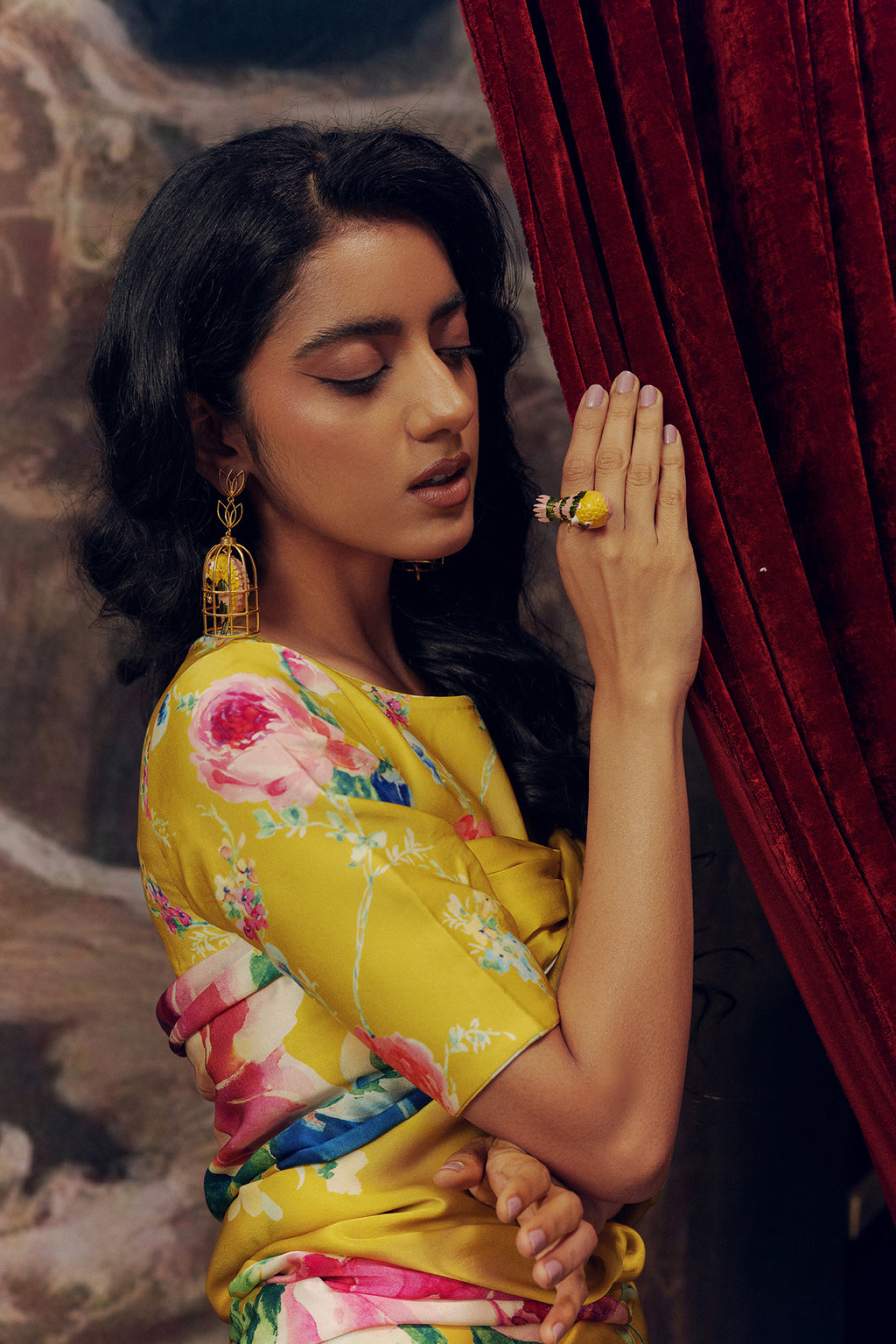 Yellow Satin Crepe Silk Saree
