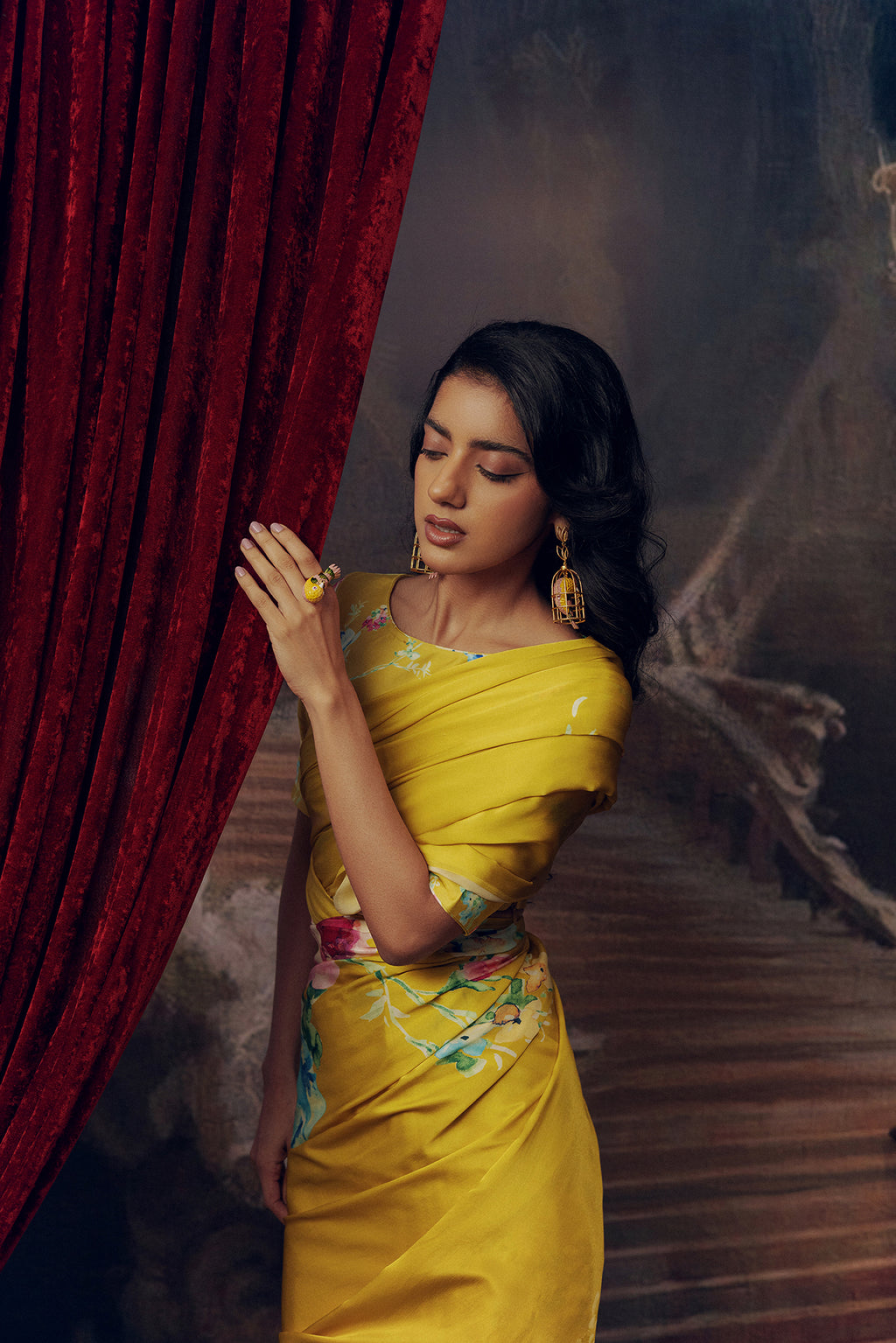 Yellow Satin Crepe Silk Saree
